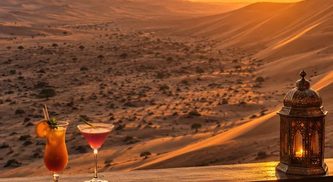 Sunset cocktails overlooking the Liwa dunes from Qasr Al Sarab