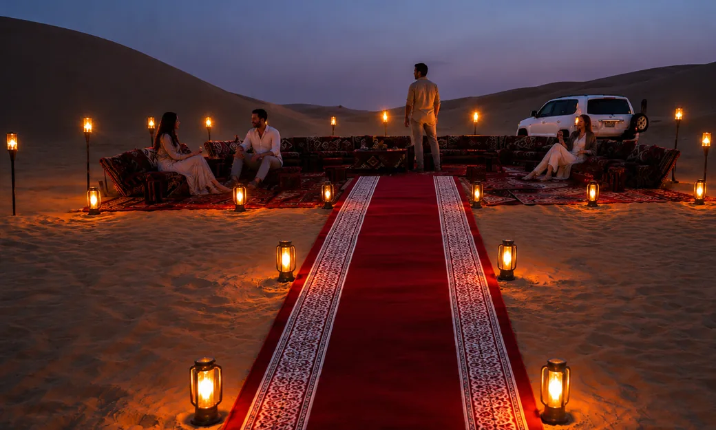 Wide view of a private Royal Red Carpet Majlis with lanterns and a 4x4