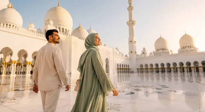 Couple walking through Sheikh Zayed Grand Mosque in warm afternoon light