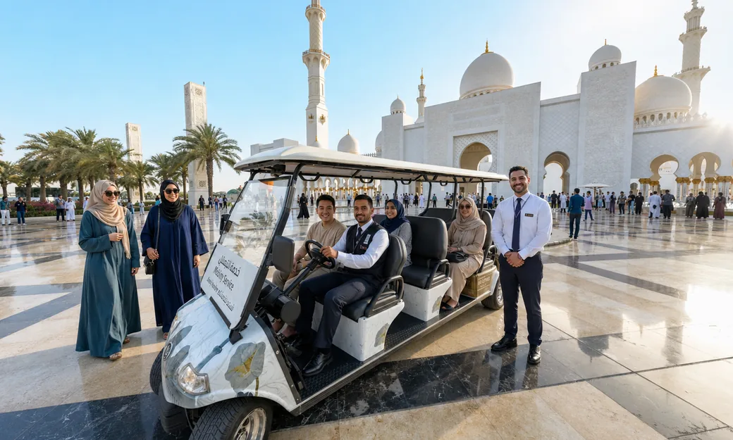 Visitors beside an electric cart at Sheikh Zayed Grand Mosque