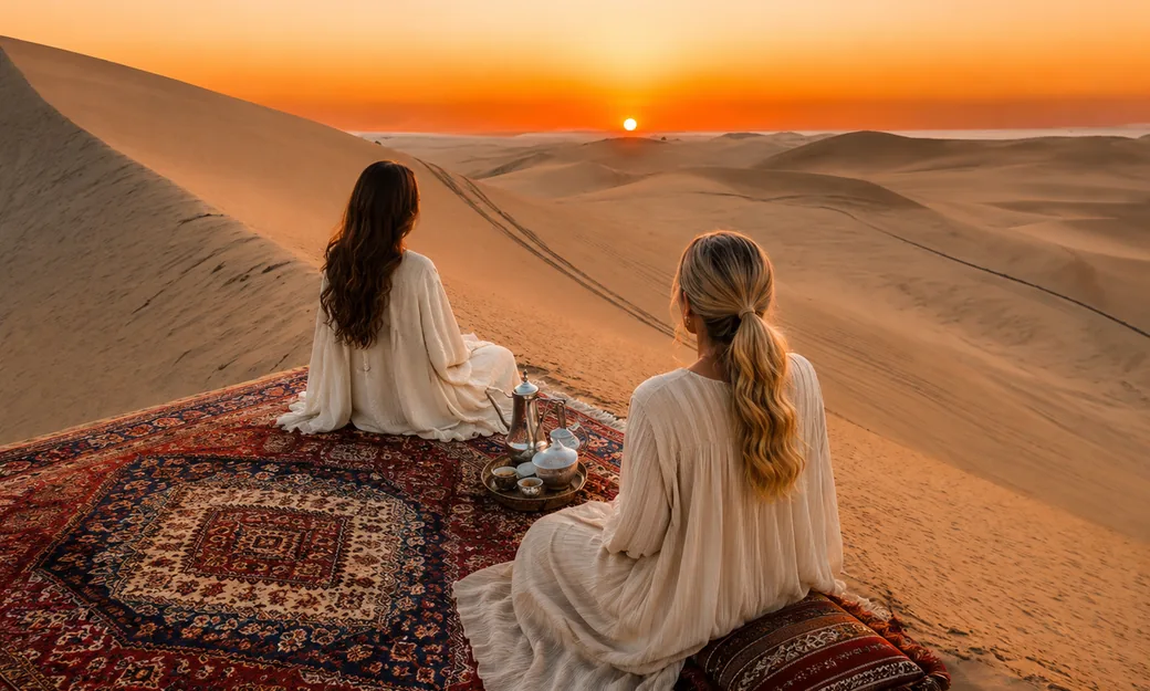 Guests enjoying Arabic coffee while watching sunrise over the Abu Dhabi desert