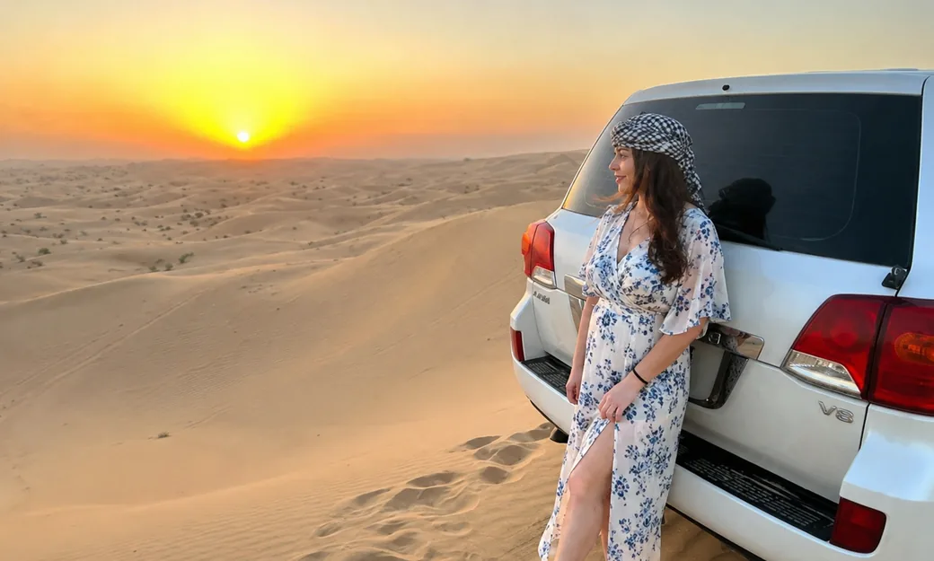 Traveller beside a private 4x4 during an Abu Dhabi sunrise desert safari