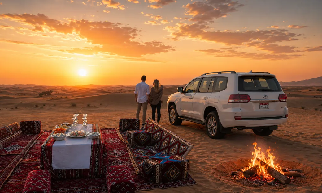 Private Sunset Majlis, bonfire and 4x4 in the Abu Dhabi desert