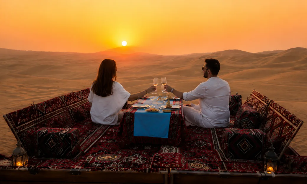 Couple toasting at a private Sunset Dune Majlis in Abu Dhabi