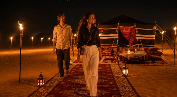 Couple walking into a private Royal Red Carpet majlis in the Abu Dhabi desert at night