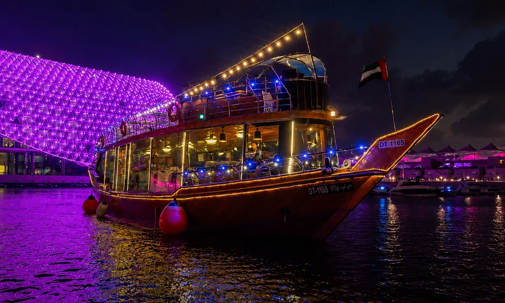 Traditional wooden dhow sailing at Yas Marina beside the illuminated Yas Island waterfront