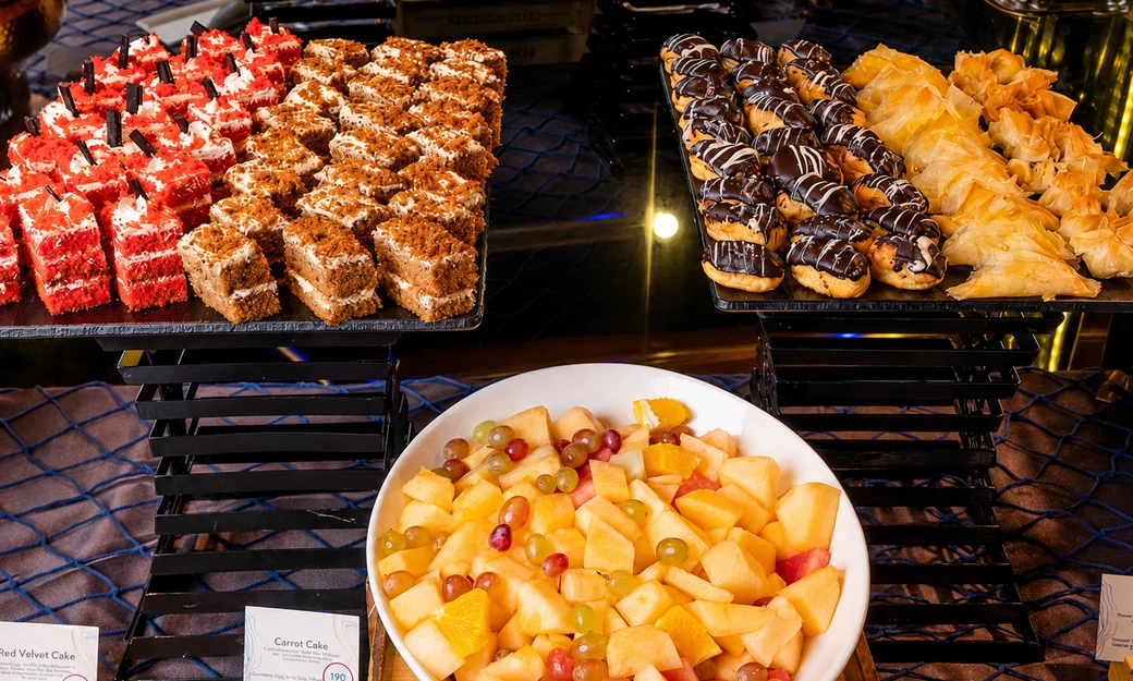 Desserts and fresh fruit at the Yas Marina dhow dinner buffet
