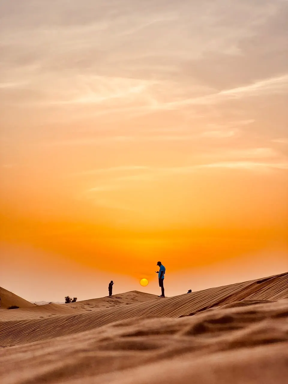 Guests on a dune ridge as the sun sets over the Al Khatim desert