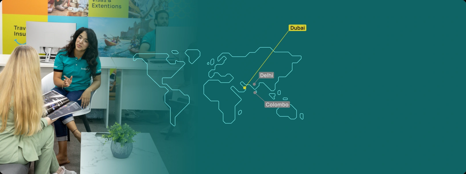 Arabiers travel consultant speaking with a customer, with a route map linking Dubai, Delhi and Colombo