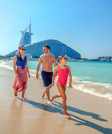Irish family enjoying a Dubai beach holiday near Burj Al Arab, UAE visa guide 2026
