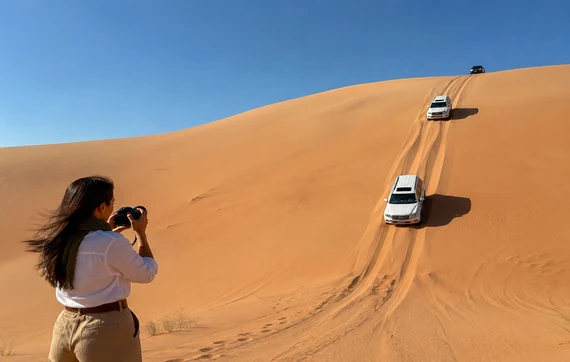 4x4 vehicles driving across Liwa desert dunes