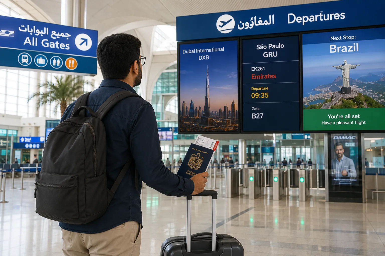 A UAE resident departing Dubai International Airport for Brazil on a visitor visa