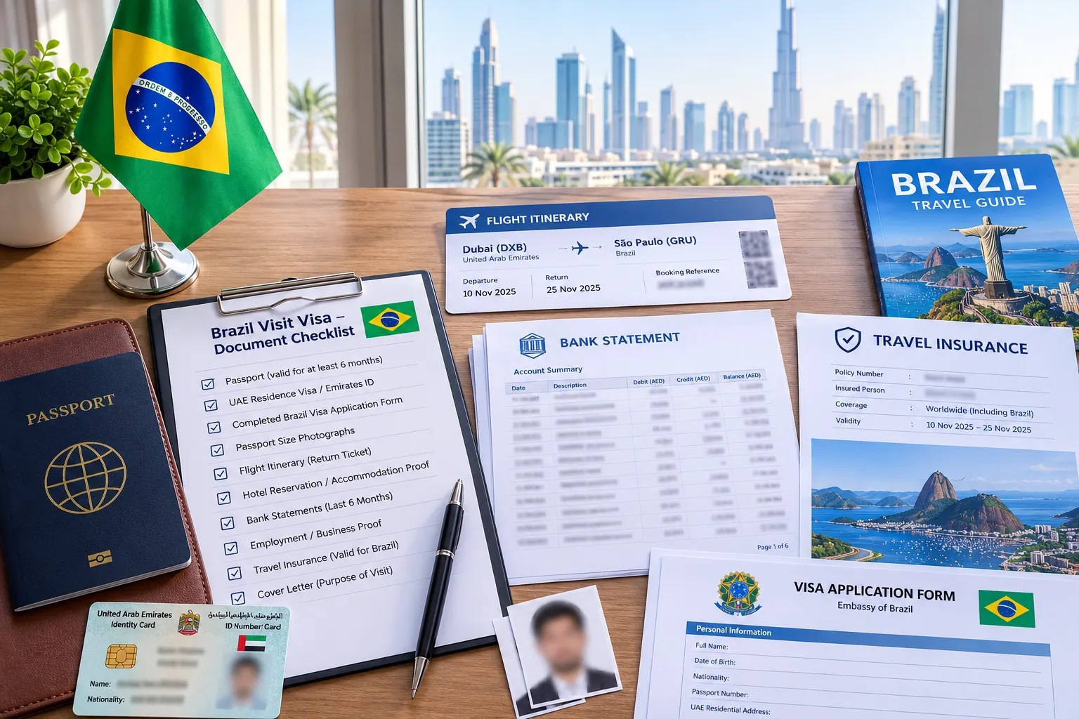 Documents required for a Brazil visit visa application prepared by a UAE resident in Dubai