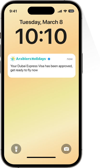 Phone illustration showing an Arabiers Holidays Dubai express visa approval notification