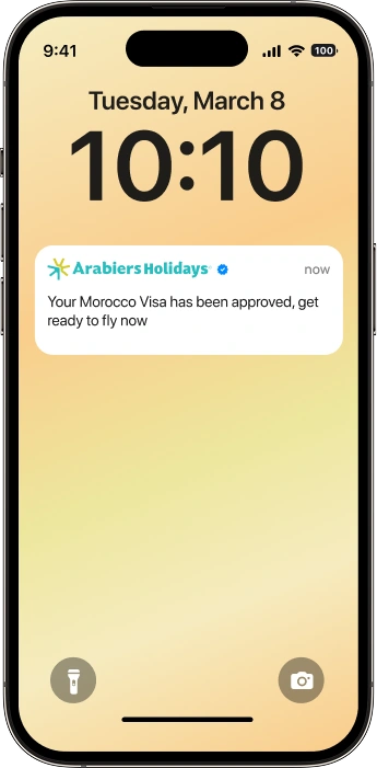 Morocco visit visa approval notification from Arabiers Holidays displayed on a smartphone for travellers applying from Dubai