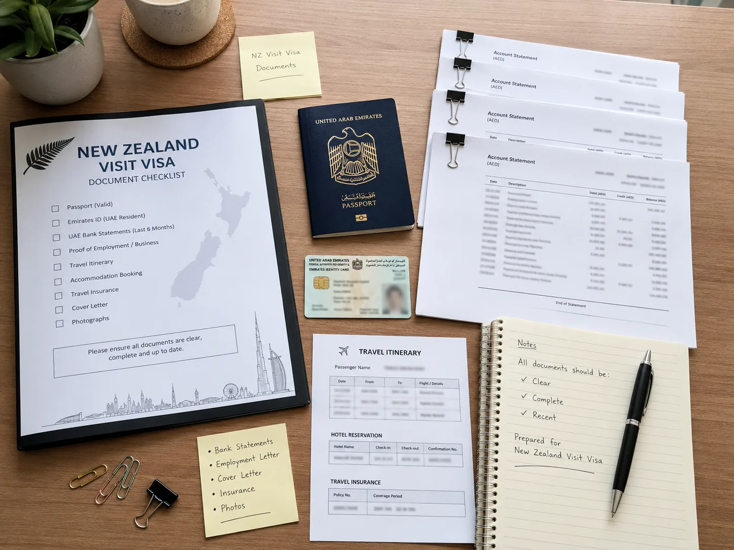 Documents required for a New Zealand visit visa prepared by a Dubai resident