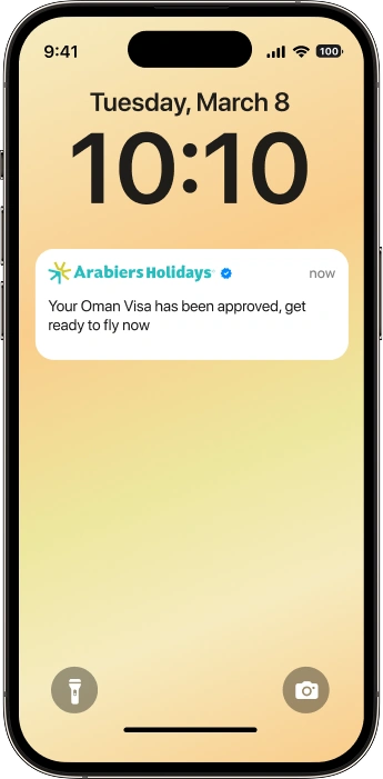 Oman visit visa approval notification displayed on a smartphone by Arabiers Holidays