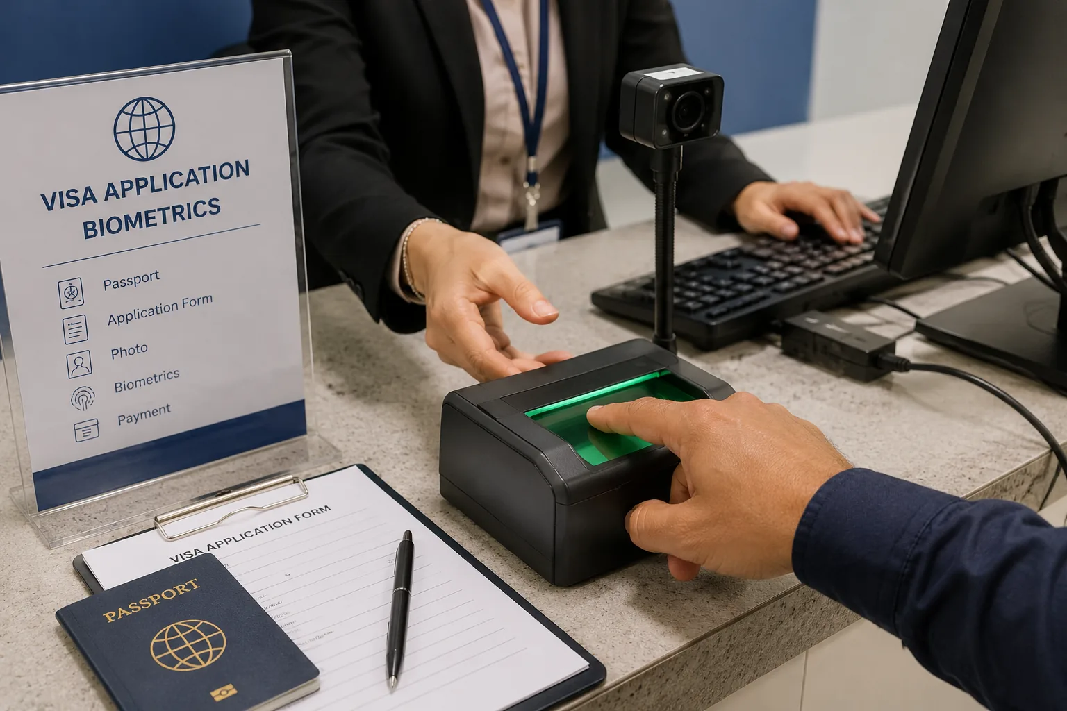 Applicant giving fingerprints at a visa application centre in Dubai during a Schengen visit visa appointment