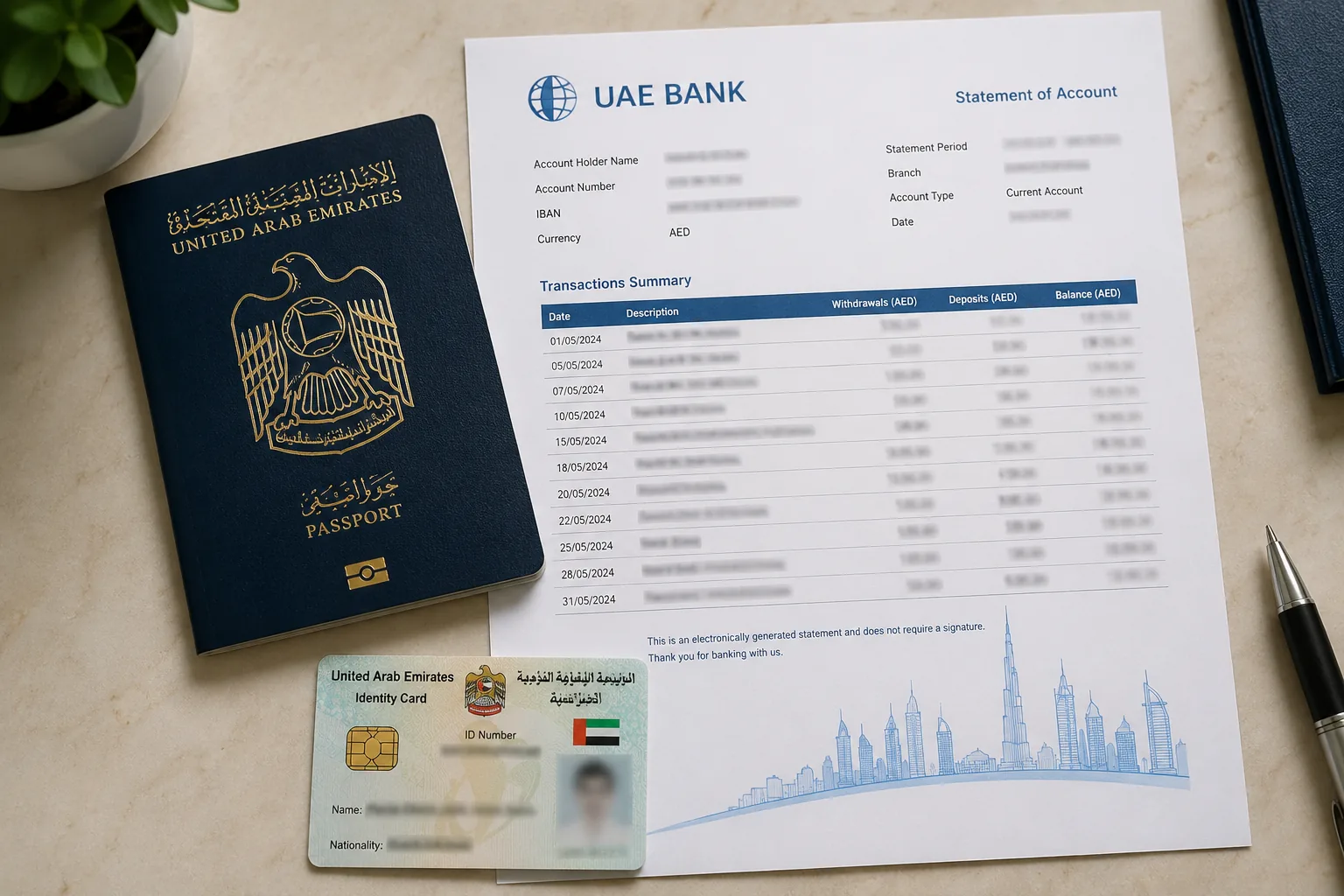 Passport, Emirates ID and UAE bank statement prepared for a Schengen visit visa application from Dubai