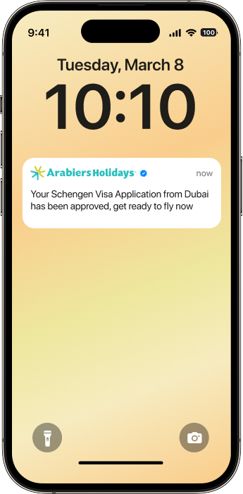 Mobile notification confirming approval of a Schengen visa application from Dubai by Arabiers Holidays