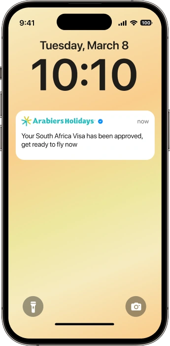 South Africa visit visa approval notification from Arabiers Holidays displayed on a smartphone