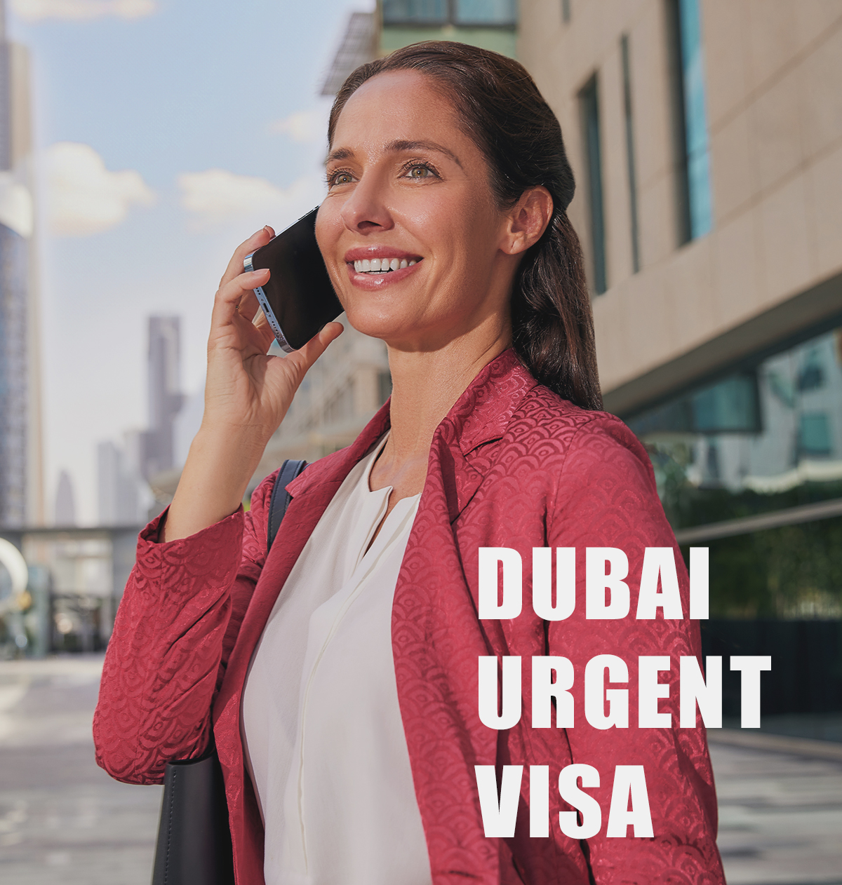 A lady in red cardigan happy to hear getting her Dubai Urgent visa on time